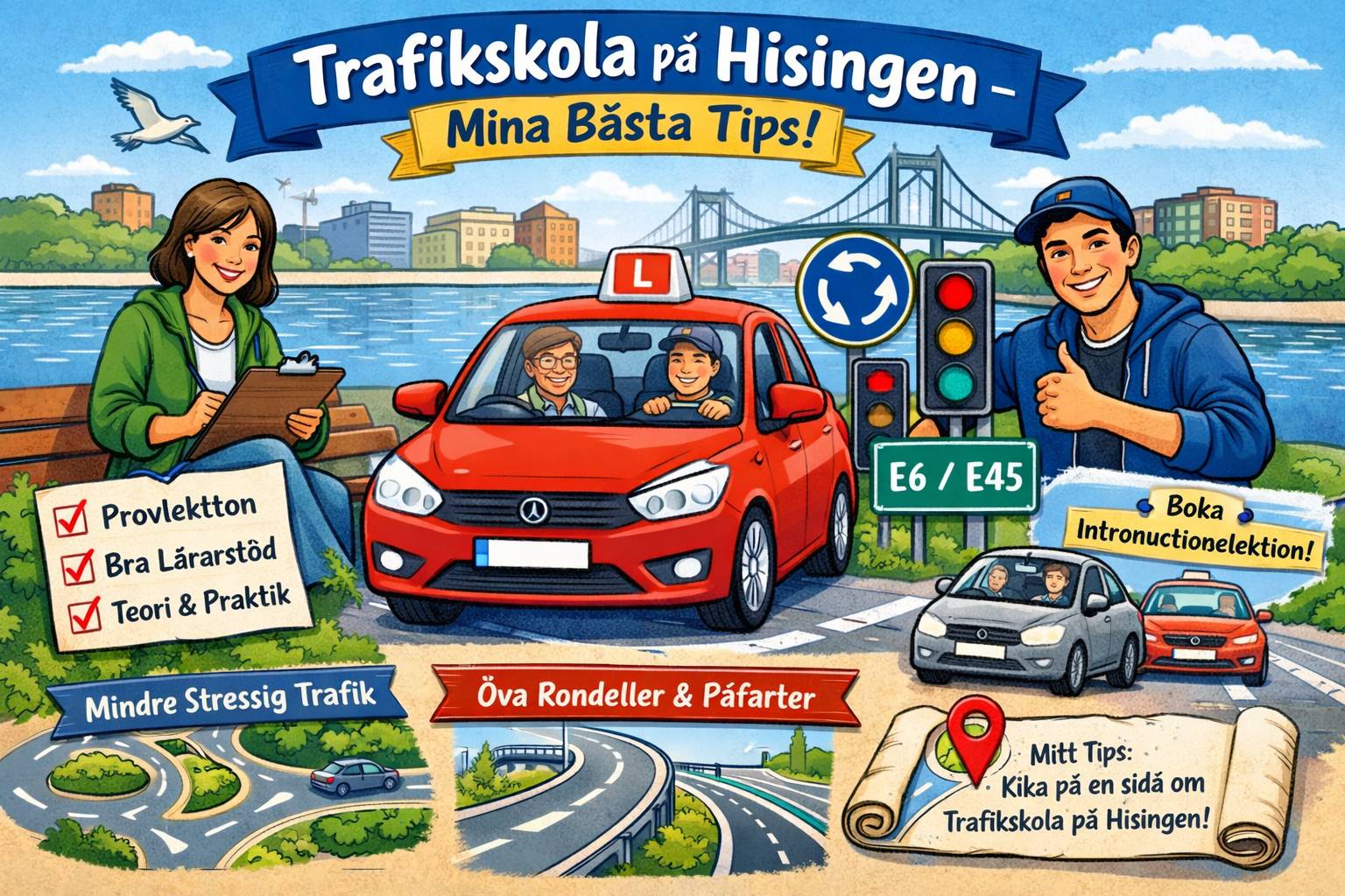 Illustrerad bild som visar en trafikskola på Hisingen med elev och körlärare i en röd övningsbil, trafikskyltar, rondell och stadsmiljö i Göteborg samt visuella tips om provlektion, teori och praktisk körträning.