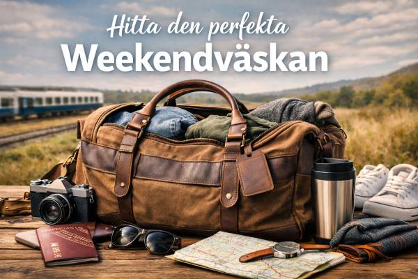 Liggande bild på en stilren weekendväska placerad på ett bord med reseaccessoarer som karta, kamera och skor, i en miljö som signalerar kort resa eller weekendresa.